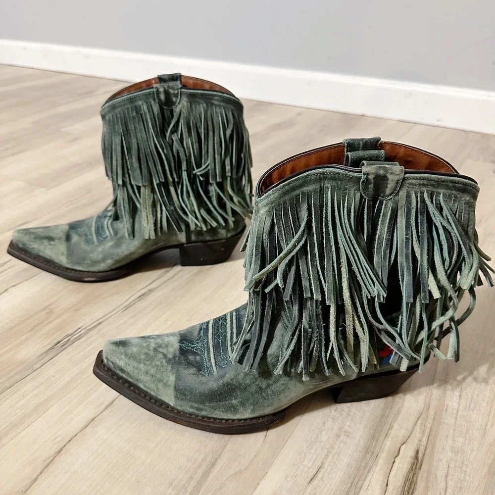 Redneck‎ Riviera Teal Suede Leather Fringe Cowgirl Boots Size 8